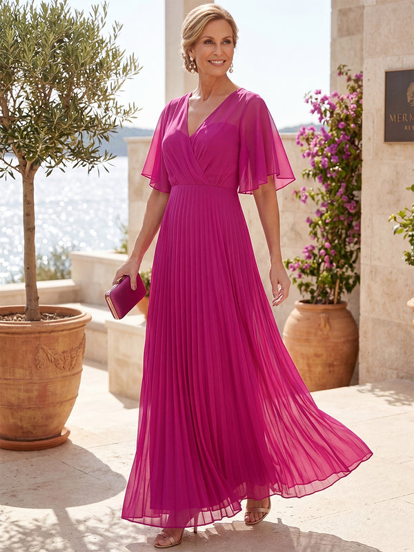 A-Line/Princess Mother Of The Bride Dresses Chiffon V-Neck Half Sleeves Floor-Length With Pleated/Back Zipper