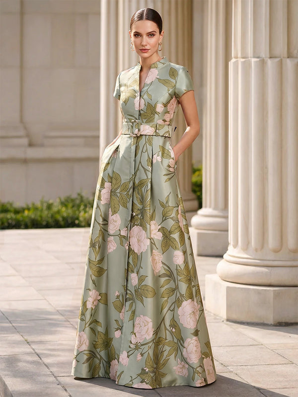 A-Line/Princess Mother of the Bride Dresses/Floral Dresses V-Neck Short Sleeves Floor Length Elegant Satin Floral Printed Dresses With Front Split/Belt/Pocket/Back Zipper