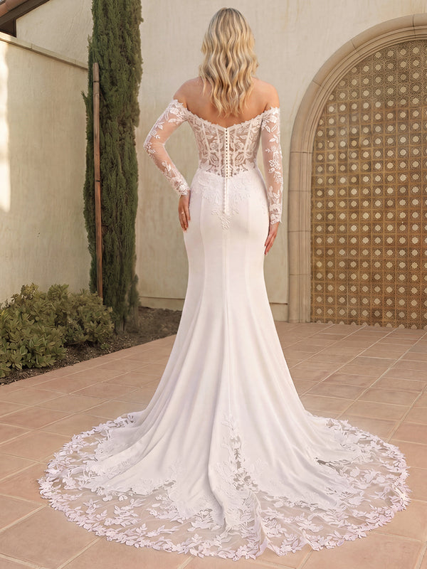 Trumpet/Mermaid Wedding Dresses Sweetheart Off-the-Shoulder Long Sleeves Court Train Satin Dresses With Lace/Back Zipper