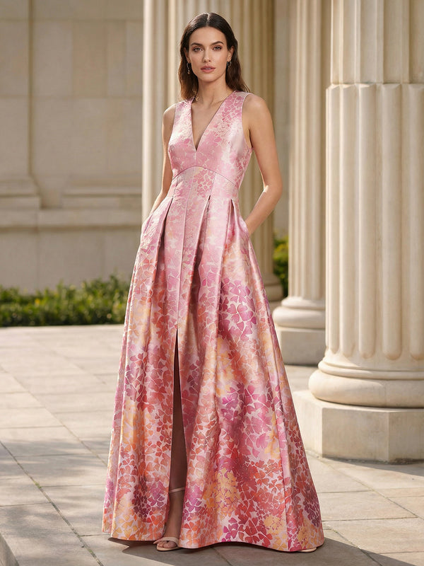 A-Line/Princess Evening Dresses V Neck Sleeveless Floor-Length Floral Formal Dresses With Floral Print/Back Zipper