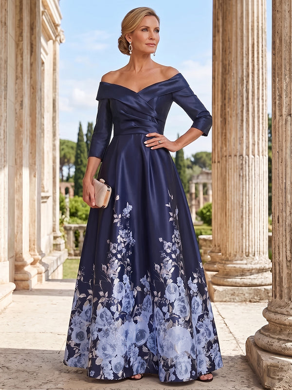 A-Line/Princess Mother of the Bride Dresses/Floral Dresses Off-the-Shoulder 3/4 Sleeves Floor-Length Satin Floral Printed Dresses With Pleats/Back Zipper
