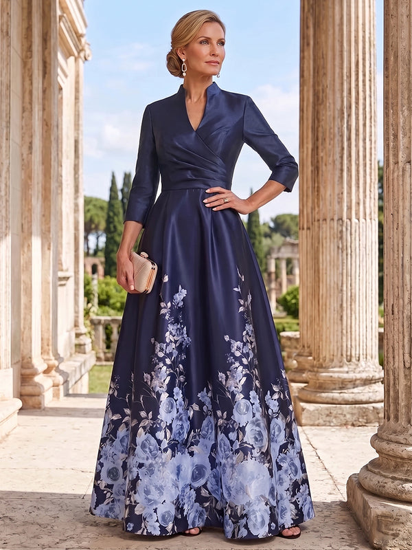 A-Line/Princess Mother of the Bride Dresses/Floral Dresses V-Neck 3/4 Sleeves Floor-Length Satin Formal Dresses/Floral Printed Dresses With Pleats/Back Zipper