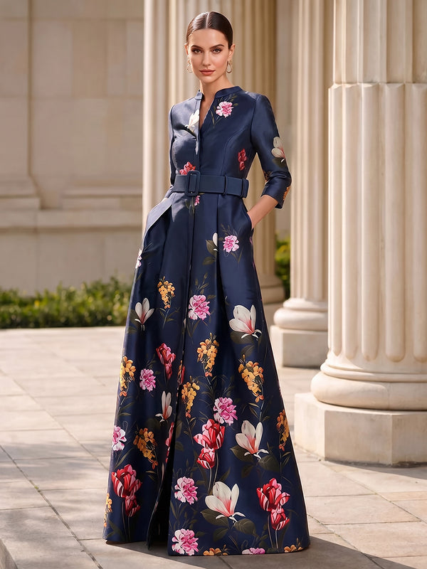 A-Line/Princess Mother Of The Bride Dresses V Neck 3/4 Sleeves Floor-Length Floral Formal Wedding Guest Dresses With Floral Print/Belt