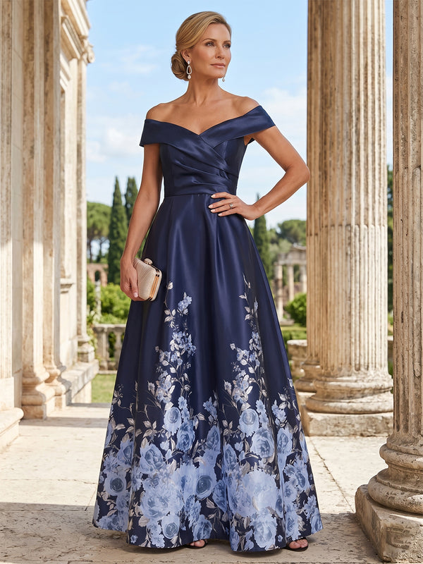 A-Line/Princess Mother of the Bride Dresses/Floral Dresses Off-the-Shoulder Sleeveless Floor Length Elegant Satin Formal Dresses/Floral Printed Dresses With Back Zipper/Pleated