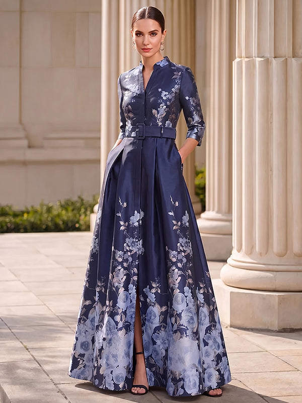 A-Line/Princess Mother of the Bride Dresses/Floral Dresses V-Neck 3/4 Sleeves Floor Length Elegant Satin Formal Dresses/Floral Printed Dresses With Front Split/Belt/Pocket/Back Zipper/Pleated