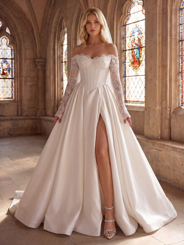 A-Line/Princess Wedding Dresses Sweetheart Off-the-Shoulder Long Sleeves Court Train Satin Dresses With Lace/Corset/Front Split/Back Zipper