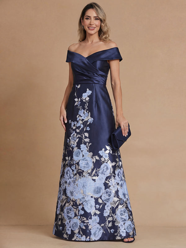 Sheath/Column Mother of the Bride Dresses/Floral Dresses Off-the-Shoulder Sleeveless Floor Length Elegant Satin Formal Dresses/Floral Printed Dresses With Back Zipper/Pleated
