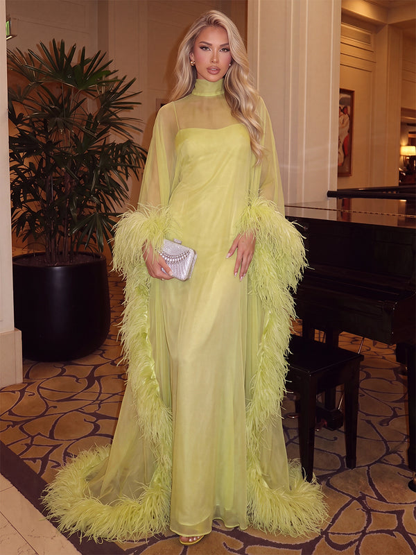 Sheath/Column Evening Dresses Floor-Length High Neck Long Sleeves Chiffon Dresses With Feather/Tulle Cape/Back Zipper