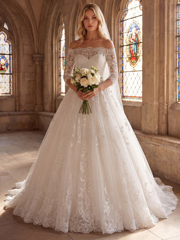 Ball Gown Wedding Dresses Off-the-Shoulder Half Sleeves Sweep Train Tulle Dresses With Lace/Pleats/Back Zipper