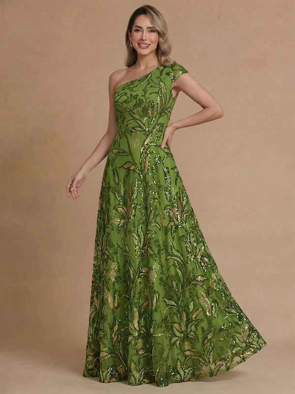 A-Line/Princess Mother of the Bride Dress Sleeveless One-Shoulder Floor Length Beaded Eembroidered Chiffon Dress Elegant Vintage Formal Lace Dresses With Lace Sequin Flower