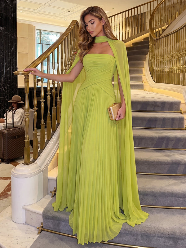 A-Line/Princess Evening Dresses Strapless Sleeveless Floor-Length Chiffon Dresses With Pleated/Cape/Back Zipper
