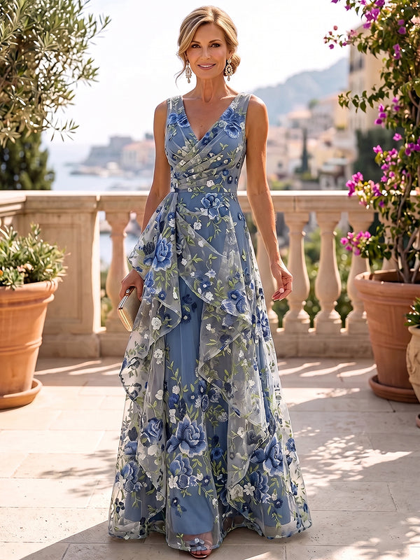 A-Line/Princess Mother of the Bride Dresses V-Neck Sleeveless Floor-Length Embroidered Dresses Floral Dresses With Ruffles/Pleats/Back Zipper