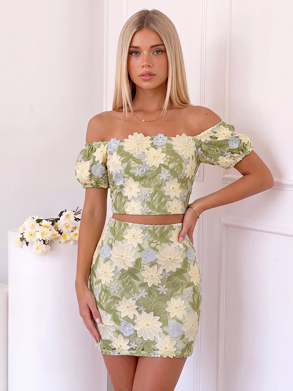 2 Pieces Sheath/Column Homecoming Dresses Floral Dresses Off-the-Shoulder Sleeveless Short/Mini Dresses With Back Zipper
