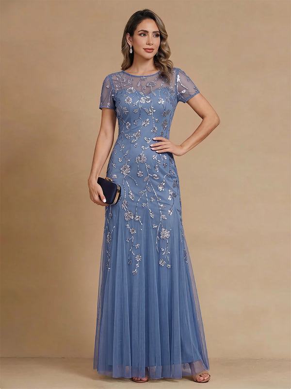 A-Line/Princess Mother Of The Bride Dresses Formal Dresses Scoop Neck Short Sleeves Ankle-Length Tulle Dresses With Sequin/Pleats