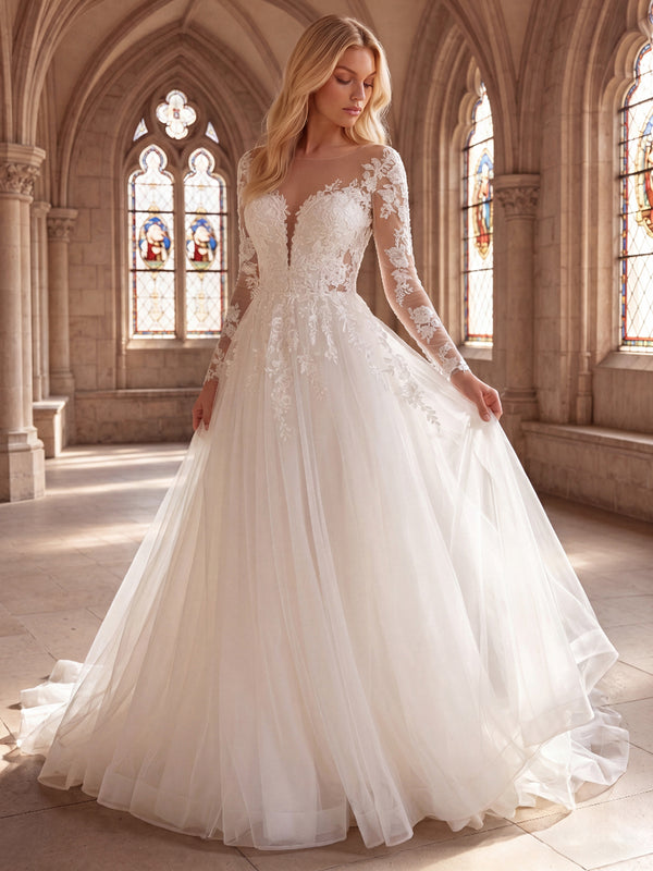 Ball Gown Wedding Dresses V-Neck Long Sleeves Court Train Tulle Dresses With Romantic Lace/Pleats/Back Zipper