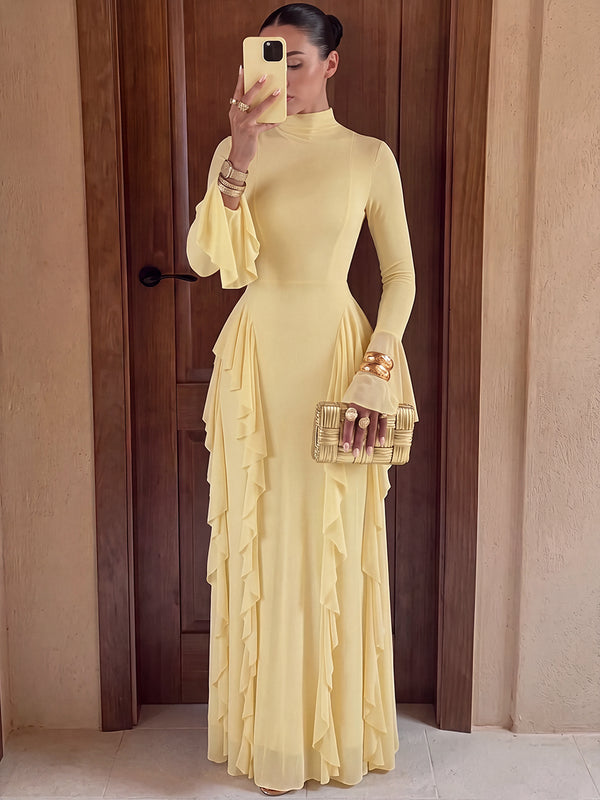 A-Line/Princess Evening Dresses High Neck Long Sleeves Floor-Length Chiffon Dresses With Ruffles/Back Zipper