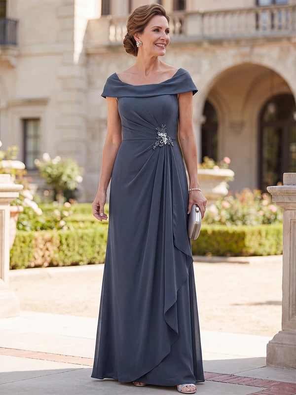 A-Line/Princess Mother of the Bride Dresses Formal Dresses Crew Neck Short Sleeves Chiffon with Sash/Pleats