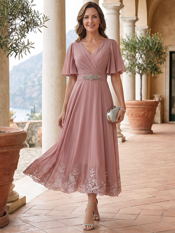 A-Line/Princess Mother of the Bride Dresses V-Neck Half Sleeves Tea-Length Chiffon Formal Dresses With Ruched/Appliques