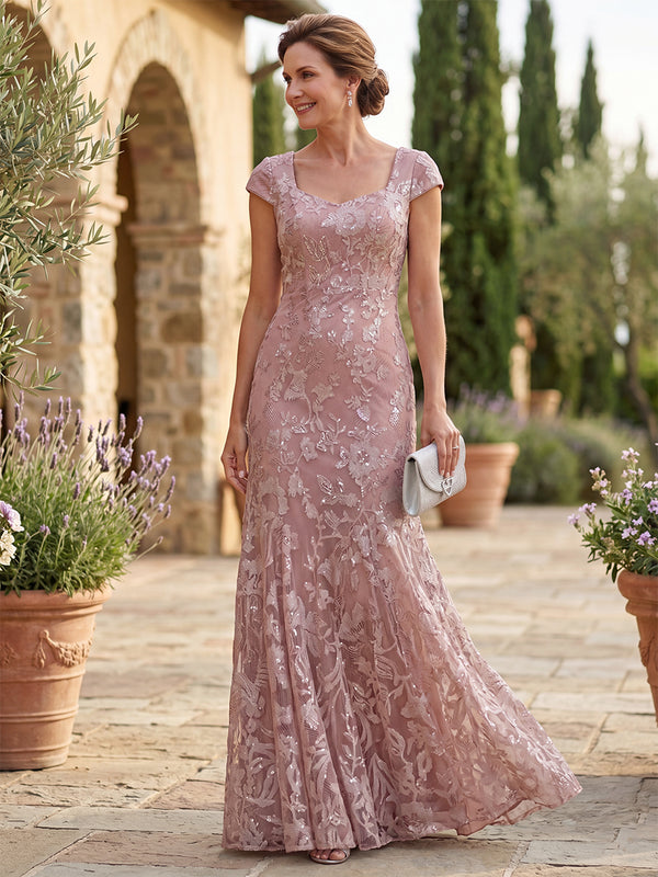A-Line/Princess Mother of the Bride Dresses Square Neck Short Sleeves Floor-Length Chiffon Formal Dresses With Appliques Lace/Back Zipper