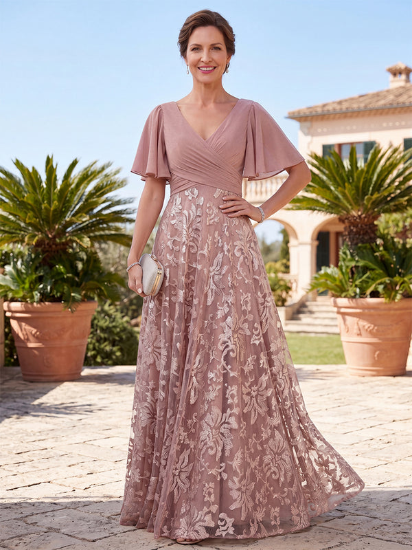A-Line/Princess Mother of the Bride Dresses V-Neck Short Sleeves Floor-Length Chiffon Formal Dresses With Appliques Lace/Back Zipper