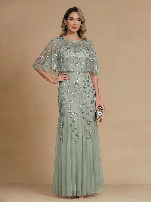 A-Line/Princess Mother Of The Bride Dresses Formal Dresses Scoop Neck Half Sleeves Ankle-Length Tulle Dresses With Sequin/Pleats&Back Zipper