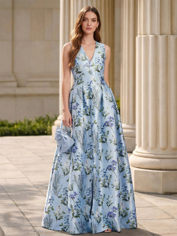 A-Line/Princess Evening Dresses V Neck Sleeveless Floor-Length Floral Formal Dresses/Long Prom Dresses With Floral Print/Back Zipper/Pocket