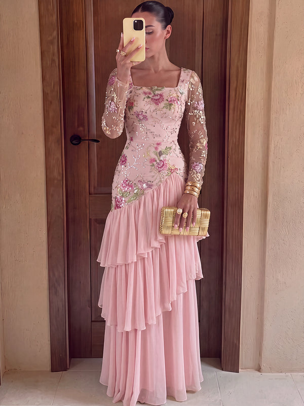 A-Line/Princess Evening Dresses Chiffon Square Neck Long Sleeves Floor-Length Dresses With Sequins/Floral/Ruffles/Back Zipper