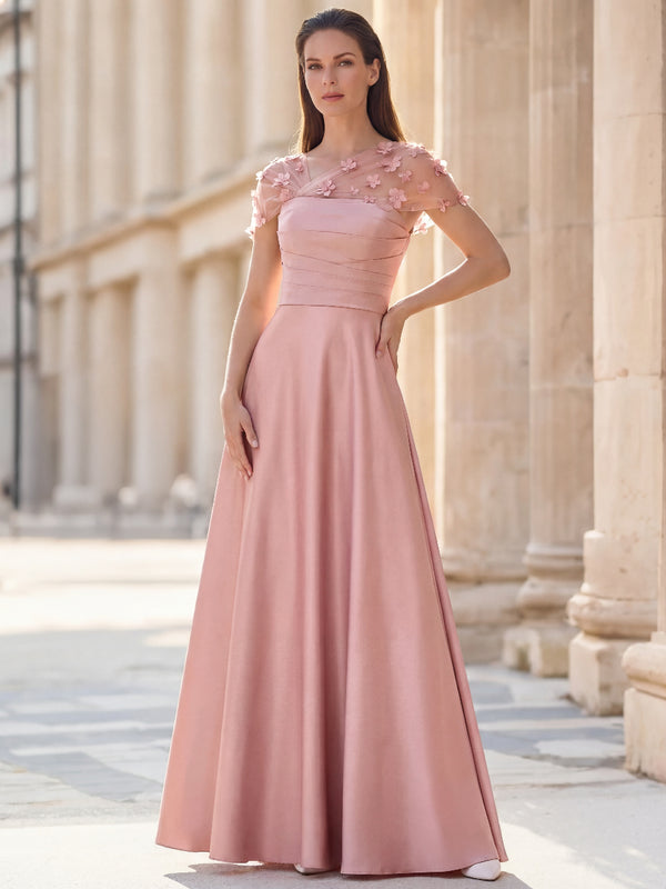 A-Line/Princess Mother Of The Bride Dresses Formal Dresses Asymmetrical Neck Short Sleeves Floor-Length Satin Dresses With Pleats/3D Flowers/Back Zipper