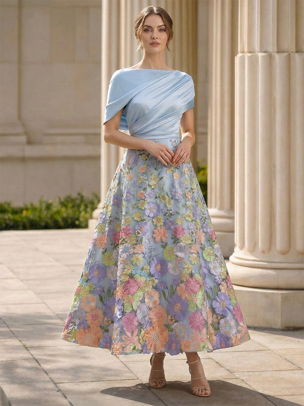 A-Line/Princess Cocktail Dresses Formal Dresses Scoop Neck Short Sleeves Ankle-Length Floral Dresses Satin Lace With Embroidered Flower Embroidery Pocket
