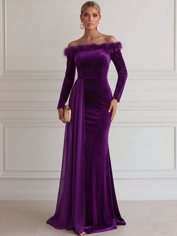 Sheath/Column Evening Dresses Velvet Off-the-Shoulder Long Sleeves Floor-Length Dresses With Feather/Back Zipper