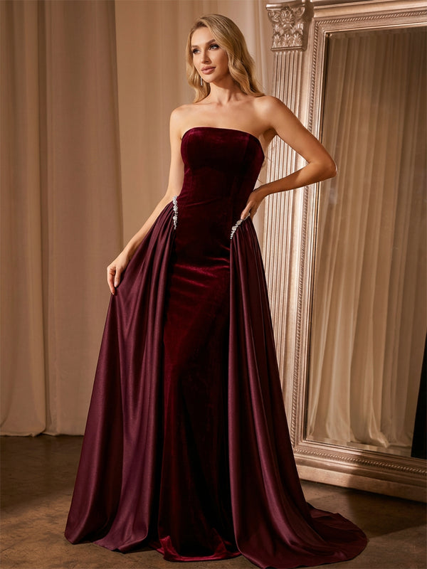 A-Line/Princess Evening Dresses Strapless Sleeveless Sweep Train Velvet Formal Dresses With Beaded