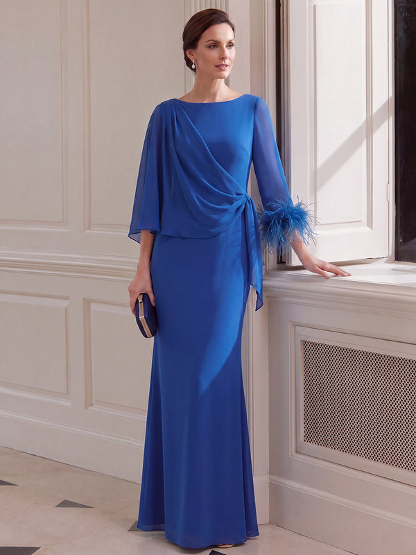 Sheath/Column Mother Of The Bride Dresses Scoop Neck 3/4 Sleeves Floor-Length Chiffon Formal Dresses With Feather/Back Zipper