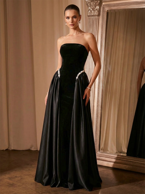 A-Line/Princess Evening Dresses Strapless Sleeveless Floor-Length Velvet Formal Dresses With Beaded/Back Lace-Up