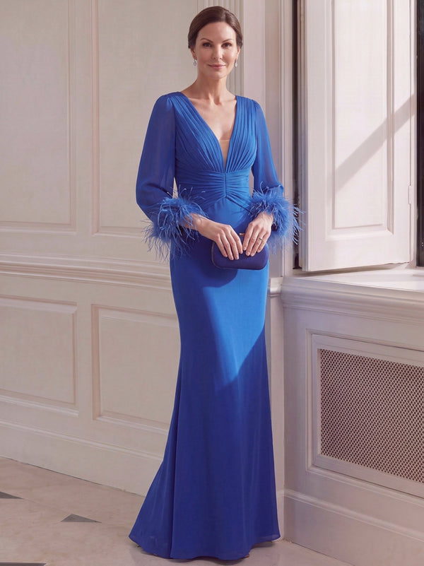 Sheath/Column Mother Of The Bride Dresses V-Neck 3/4 Sleeves Floor-Length Chiffon Formal Dresses With Feather/Pleats/Back Zipper