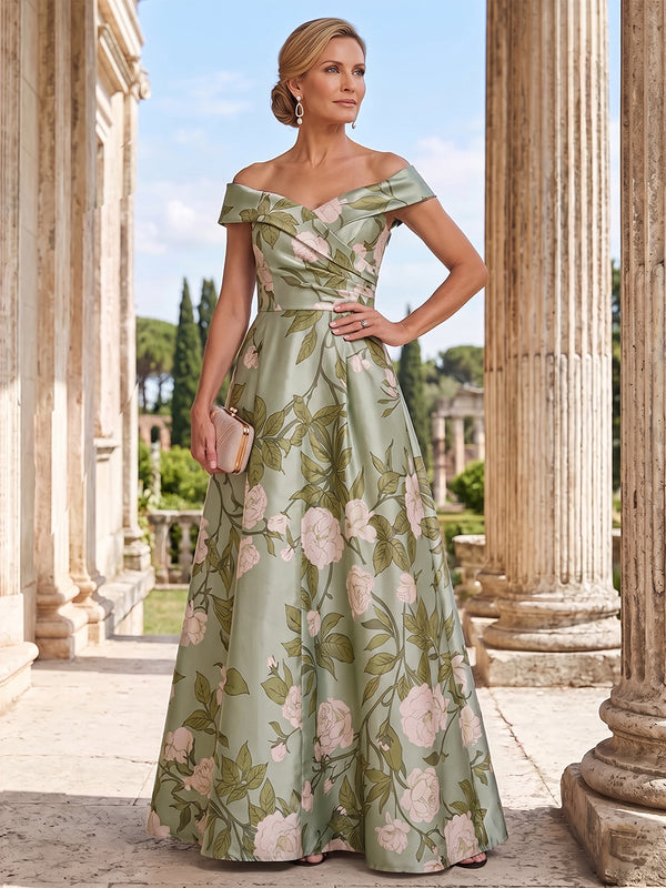 A-Line/Princess Mother of the Bride Dresses Elegant Floral Dresses Off-the-Shoulder Sleeveless Floor-Length Satin Floral Printed Dresses With Back Zipper