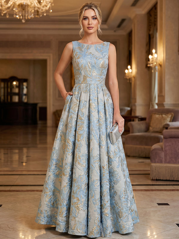 A-Line/Princess Mother Of The Bride Dresses Evening Dresses Scoop Neck Sleeveless Floor-Length Jacquard Dresses/ Floral Dresses  With Pleated/Back Zipper