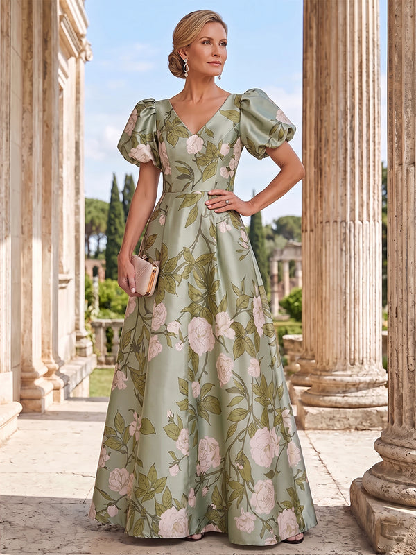 A-Line/Princess Mother of the Bride Dresses Floral Dresses V-Neck Puff Sleeves Floor-Length Satin Dresses Floral Printed Dresses With Pleats/Back Zipper