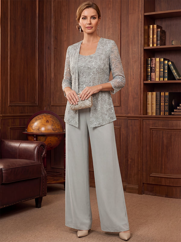 3 Pieces A-Line/Princess Mother Of The Bride Pantsuits Chiffon Scoop Neck 3/4 Sleeves Floor-Length With Jacket/Sequin