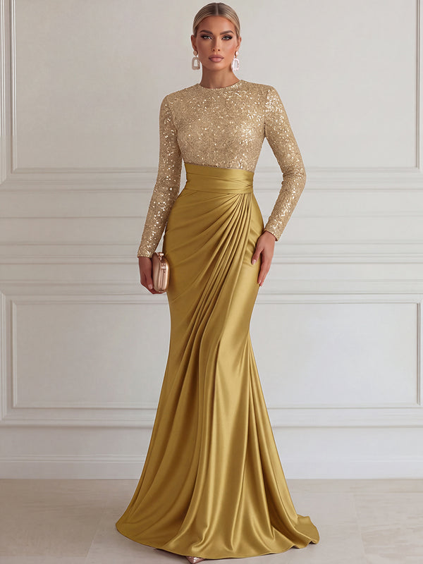 Sheath/Column Evening Dresses Scoop Neck Long Sleeves Dresses With Pleats/Sequin/Back Zipper