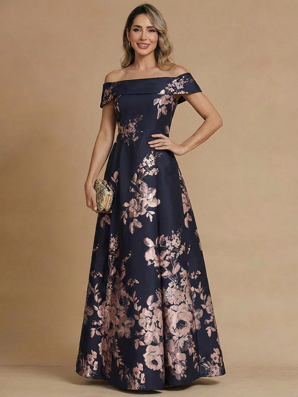 A-Line/Princess Mother of the Bride Dress Jacquard Dresses Off-the-Shoulder Sleeveless Floor Length Elegant Formal Floral Dresses With Back Zipper/Pleated
