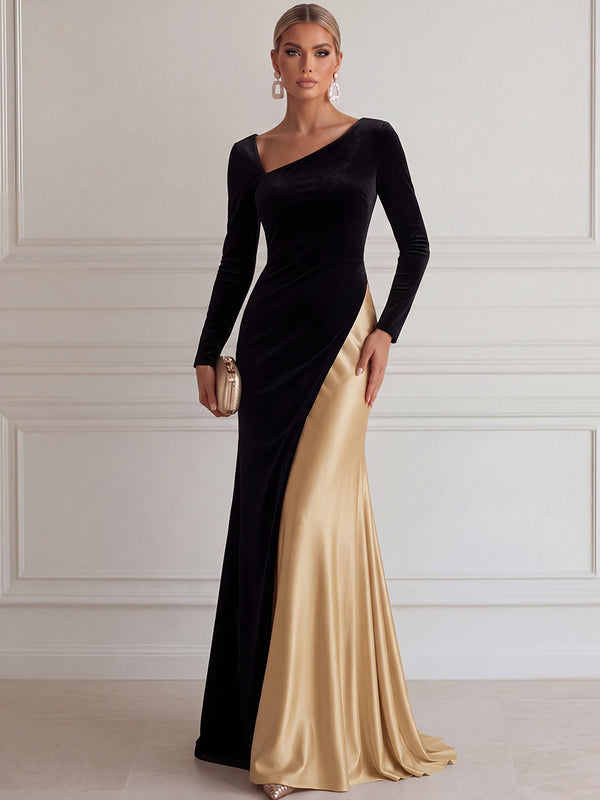 Sheath/Column Evening Dresses Elegant Velvet&Satin Asymmetrical Neck Long Sleeves Floor-Length Luxury Dresses with Pleats/Back Zipper