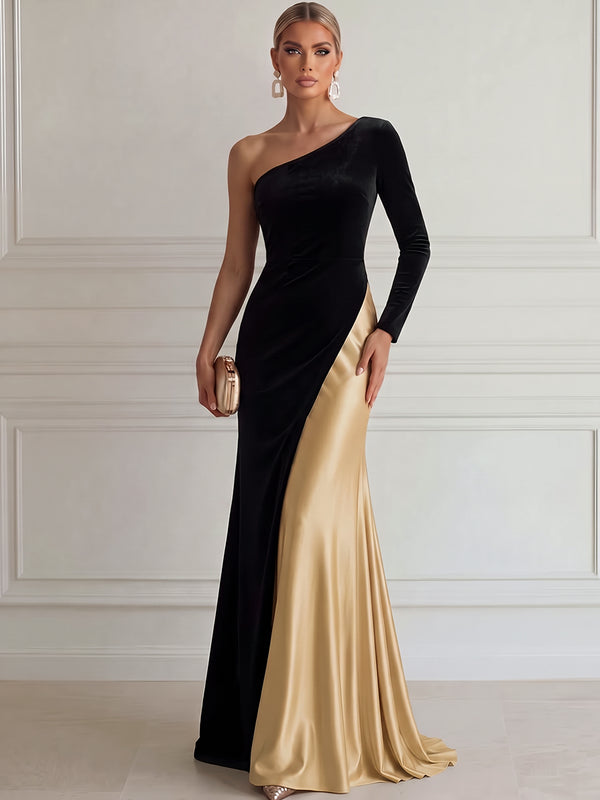 Sheath/Column Evening Dresses Elegant Velvet One-Shoulder Long Sleeves Floor-Length Luxury Dresses with Pleats/Back Zipper