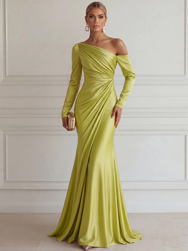 Sheath/Column Evening Dresses Satin One-Shoulder Long Sleeves Floor-Length Dresses with Pleats/Back Zipper
