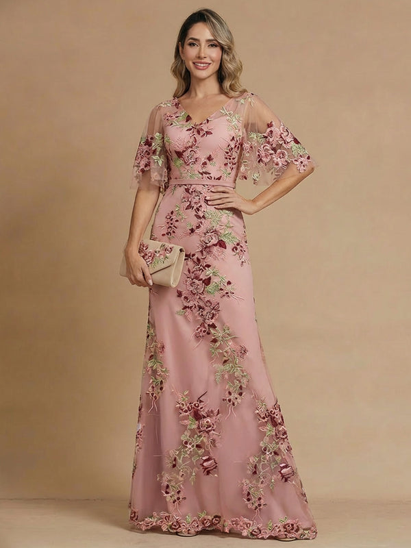 A-Line/Princess Mother of the Bride Dress Floral Lace Dresses V-Neck Half Sleeves Floor Length Eembroidered Dress Elegant Formal Dresses With Back Zipper/Pleated