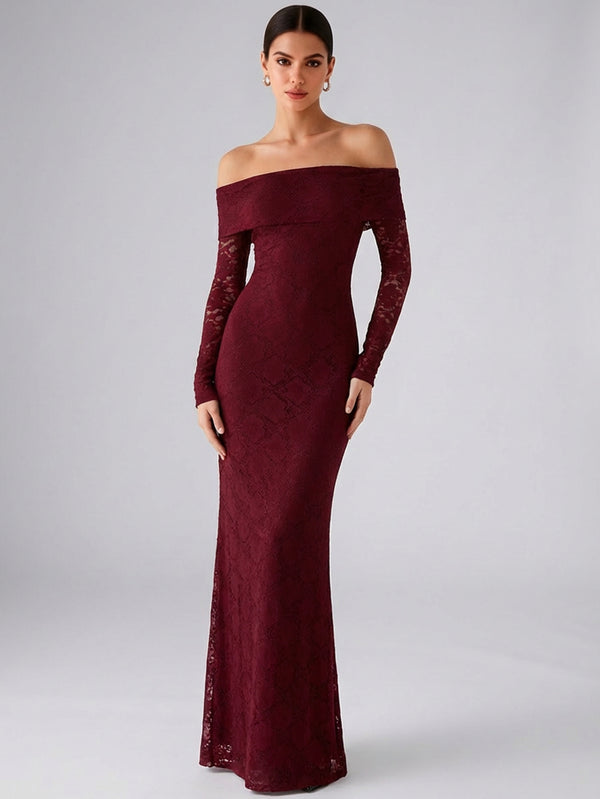 Sheath/Column Wedding Guest Dresses Off-the-Shoulder Long Sleeves Floor-length Lace Formal Dresses