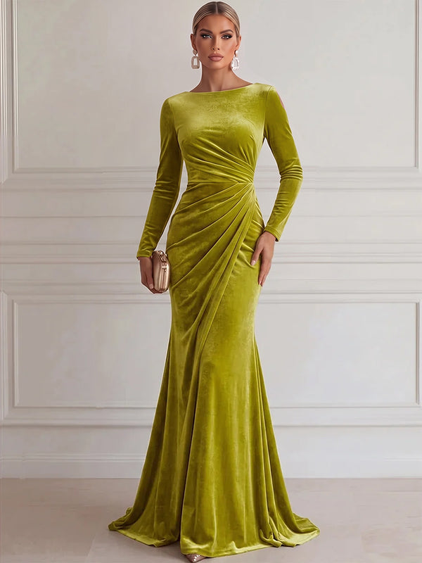 Sheath/Column Evening Dresses Elegant Scoop Neck Long Sleeves Floor-Length Velvet Luxury Dresses with Pleats/Back Zipper