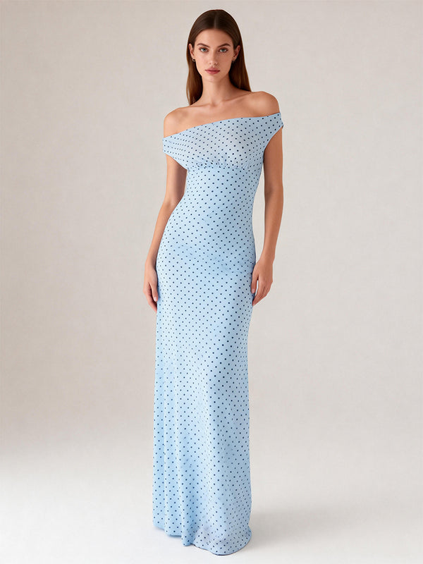 A-Line/Princess Wedding Guest Dresses Long Prom Dresses Off-the-Shoulder Sleeveless Floor-length Polka Dots Dresses With Pleats