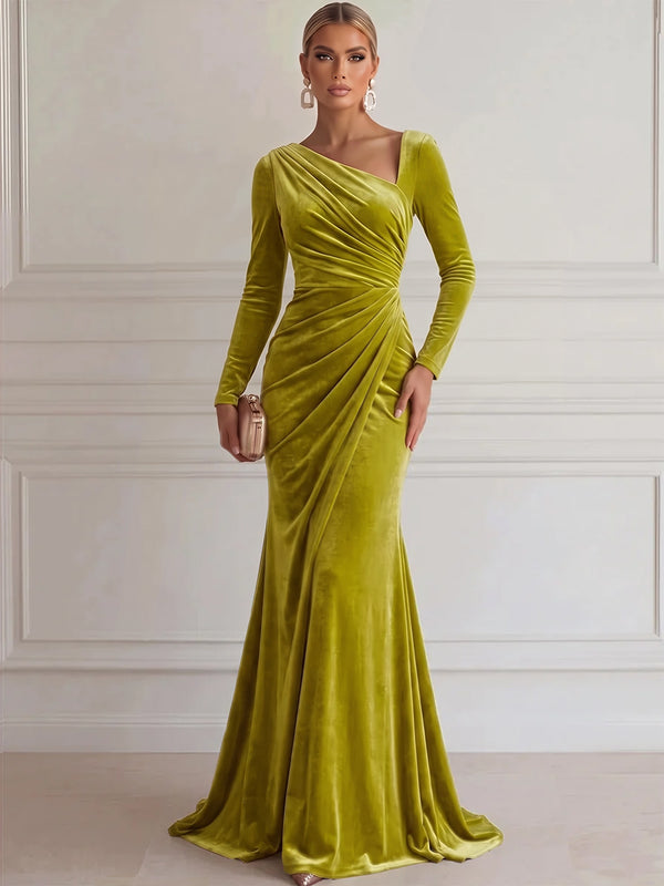 Sheath/Column Evening Dresses Asymmetrical Neck Long Sleeves Floor-Length Elegant Velvet/Luxury Dresses with Pleats/Back Zipper