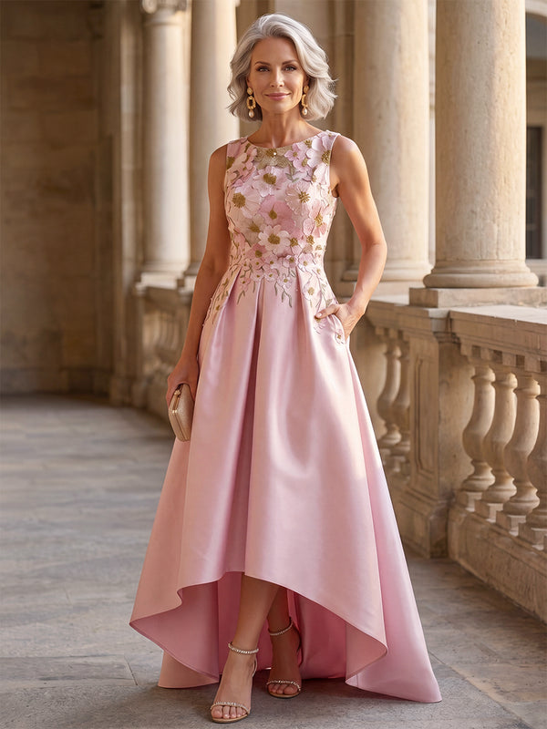 A-Line/Princess Cocktail Dresses Scoop Neck Sleeveless Hi-Lo Satin Dresses With Floral Appliques/Back Zipper