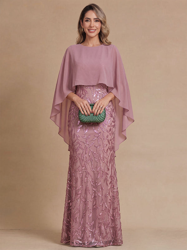 Sheath/Column Mother of the Bride Dresses Formal Dresses Scoop Neck Half Sleeves Floor-Length Tulle Dresses With Chiffon Cape/Sequin/Floral/Back Zipper